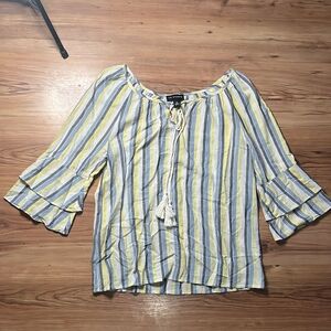 I.N. Studio Blue and White Bell Sleeve Blouse with Tie Front